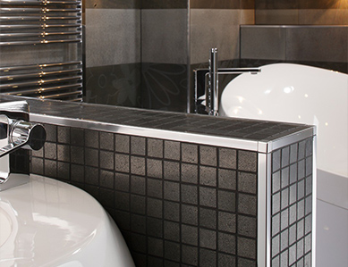 Mirror-Finish Stainless Steel Profiles and 3D Corner Pieces in Mosaic Bathroom Partitioning